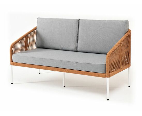 "Канны" диван 2-местный плетеный из роупа, каркас алюминий светло-серый (RAL7035) муар, роуп оранжевый меланж круглый, ткань светло-серая, изображение 2 | Интернет магазин мебели и декора LifeDekor