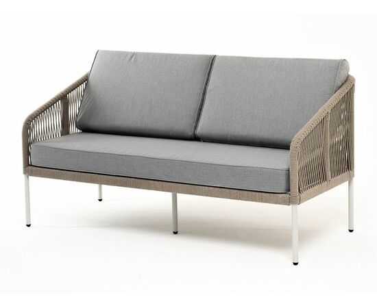 "Канны" диван 2-местный плетеный из роупа, каркас алюминий светло-серый (RAL7035) шагрень, роуп серый меланж круглый, ткань светло-серая | Интернет магазин мебели и декора LifeDekor