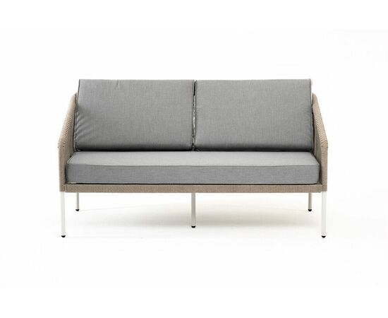 "Канны" диван 2-местный плетеный из роупа, каркас алюминий светло-серый (RAL7035) шагрень, роуп серый меланж круглый, ткань светло-серая, изображение 2 | Интернет магазин мебели и декора LifeDekor