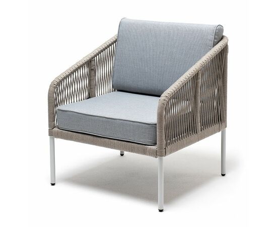 "Канны" кресло плетеное из роупа, каркас алюминий светло-серый (RAL7035) муар, роуп серый меланж круглый, ткань светло-серая | Интернет магазин мебели и декора LifeDekor