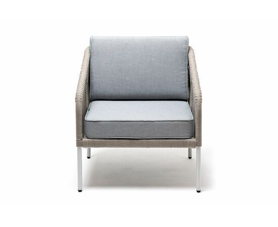 "Канны" кресло плетеное из роупа, каркас алюминий светло-серый (RAL7035) муар, роуп серый меланж круглый, ткань светло-серая, изображение 2 | Интернет магазин мебели и декора LifeDekor