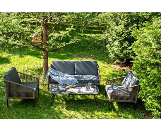 "Канны" лаунж-зона 4-местная из роупа со столом "Верона" (серый гранит), каркас алюминиевый коричневый, роуп коричневый | Интернет магазин мебели и декора LifeDekor