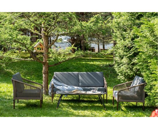 "Канны" лаунж-зона 4-местная из роупа со столом "Верона" (серый гранит), каркас алюминиевый коричневый, роуп коричневый, изображение 2 | Интернет магазин мебели и декора LifeDekor