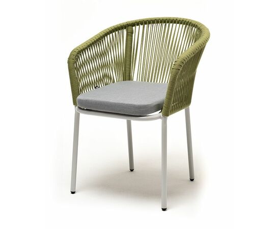 "Марсель" стул плетеный из роупа, каркас алюминий светло-серый (RAL7035) шагрень, роуп салатовый меланж круглый, ткань светло-серая | Интернет магазин мебели и декора LifeDekor
