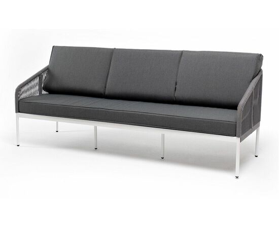 "Канны" диван 3-местный плетеный из роупа, каркас алюминий белый муар, роуп светло-серый круглый, ткань серая 017 | Интернет магазин мебели и декора LifeDekor