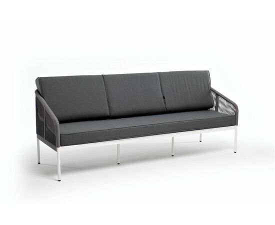 "Канны" диван 3-местный плетеный из роупа, каркас алюминий белый муар, роуп светло-серый круглый, ткань серая 017, изображение 2 | Интернет магазин мебели и декора LifeDekor