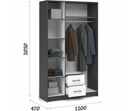 Шкаф «Чикаго» 3д2ящ (с зеркалом) Антрацит/Белый, изображение 3 | Интернет магазин мебели и декора LifeDekor