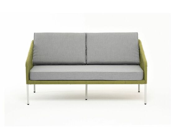 "Канны" диван 2-местный плетеный из роупа, каркас алюминий светло-серый (RAL7035) муар, роуп салатовый меланж круглый, ткань светло-серая, изображение 2 | Интернет магазин мебели и декора LifeDekor