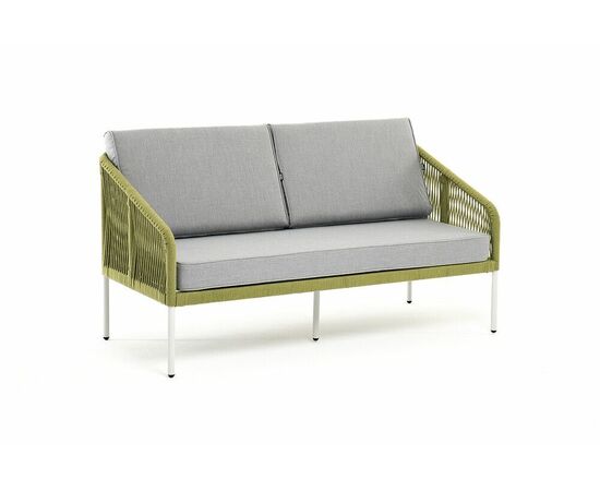 "Канны" диван 2-местный плетеный из роупа, каркас алюминий светло-серый (RAL7035) муар, роуп салатовый меланж круглый, ткань светло-серая, изображение 3 | Интернет магазин мебели и декора LifeDekor