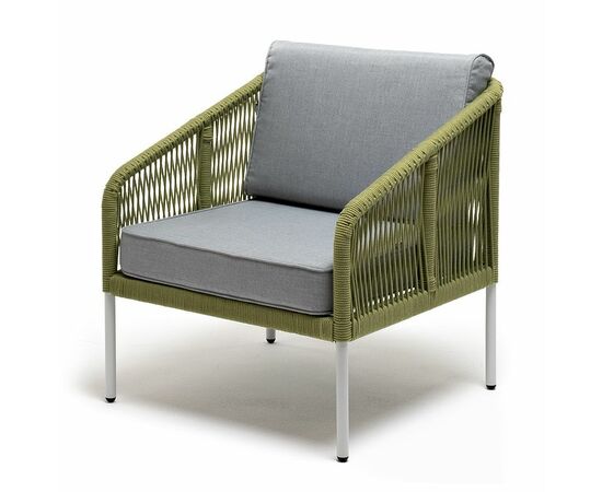 "Канны" кресло плетеное из роупа, каркас алюминий светло-серый (RAL7035) муар, роуп салатовый меланж круглый, ткань светло-серая | Интернет магазин мебели и декора LifeDekor