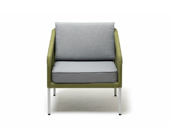 "Канны" кресло плетеное из роупа, каркас алюминий светло-серый (RAL7035) муар, роуп салатовый меланж круглый, ткань светло-серая, изображение 2 | Интернет магазин мебели и декора LifeDekor