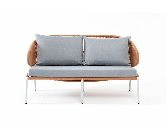 "Милан" диван 2-местный плетеный из роупа, каркас алюминий светло-серый (RAL7035) муар, роуп оранжевый меланж круглый, ткань светло-серая, изображение 2 | Интернет магазин мебели и декора LifeDekor