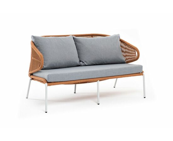 "Милан" диван 2-местный плетеный из роупа, каркас алюминий светло-серый (RAL7035) муар, роуп оранжевый меланж круглый, ткань светло-серая, изображение 3 | Интернет магазин мебели и декора LifeDekor