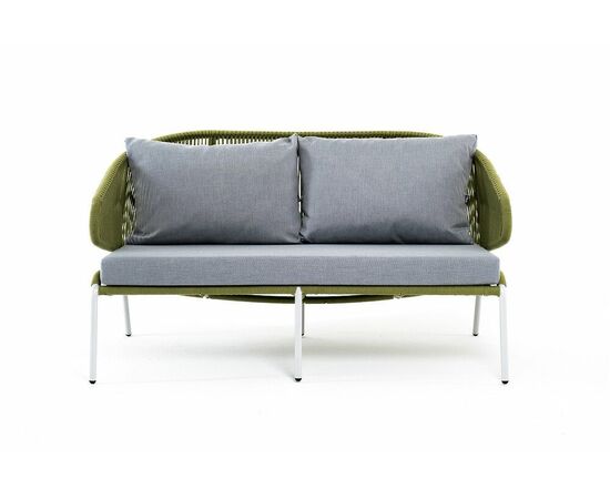 "Милан" диван 2-местный плетеный из роупа, каркас алюминий светло-серый (RAL7035) шагрень, роуп салатовый меланж круглый, ткань светло-серая, изображение 2 | Интернет магазин мебели и декора LifeDekor