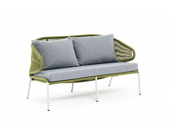 "Милан" диван 2-местный плетеный из роупа, каркас алюминий светло-серый (RAL7035) шагрень, роуп салатовый меланж круглый, ткань светло-серая, изображение 3 | Интернет магазин мебели и декора LifeDekor
