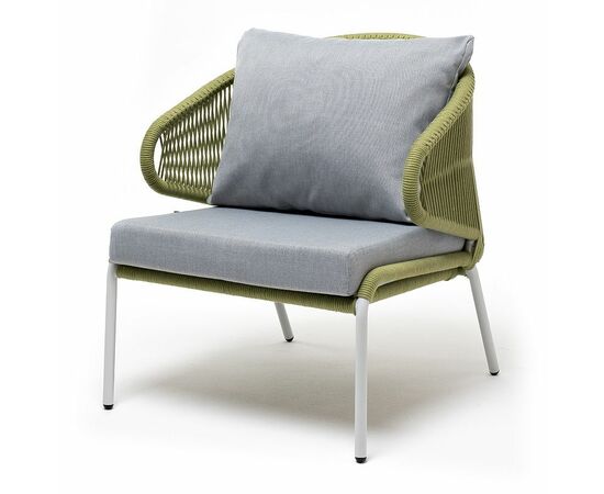 "Милан" кресло плетеное из роупа, каркас алюминий светло-серый (RAL7035) муар, роуп салатовый меланж круглый, ткань светло-серая | Интернет магазин мебели и декора LifeDekor