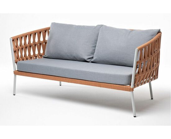 "Диего" диван 2-местный плетеный из роупа, каркас алюминий светло-серый (RAL7035) муар, роуп оранжевый меланж круглый, ткань светло-серая | Интернет магазин мебели и декора LifeDekor