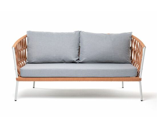 "Диего" диван 2-местный плетеный из роупа, каркас алюминий светло-серый (RAL7035) муар, роуп оранжевый меланж круглый, ткань светло-серая, изображение 2 | Интернет магазин мебели и декора LifeDekor