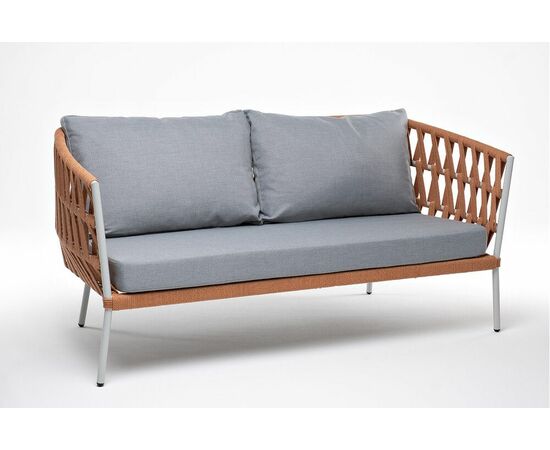 "Диего" диван 2-местный плетеный из роупа, каркас алюминий светло-серый (RAL7035) муар, роуп оранжевый меланж круглый, ткань светло-серая, изображение 3 | Интернет магазин мебели и декора LifeDekor