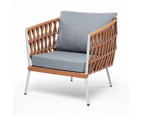 "Диего" кресло плетеное из роупа, каркас алюминий светло-серый (RAL7035) муар, роуп оранжевый меланж круглый, ткань светло-серая | Интернет магазин мебели и декора LifeDekor