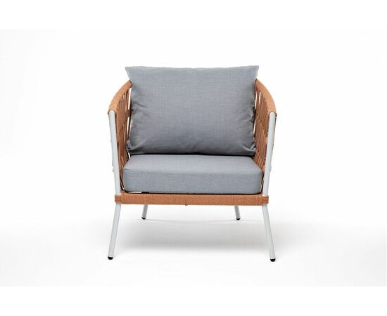 "Диего" кресло плетеное из роупа, каркас алюминий светло-серый (RAL7035) муар, роуп оранжевый меланж круглый, ткань светло-серая, изображение 2 | Интернет магазин мебели и декора LifeDekor