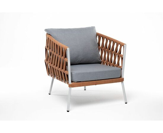 "Диего" кресло плетеное из роупа, каркас алюминий светло-серый (RAL7035) муар, роуп оранжевый меланж круглый, ткань светло-серая, изображение 3 | Интернет магазин мебели и декора LifeDekor