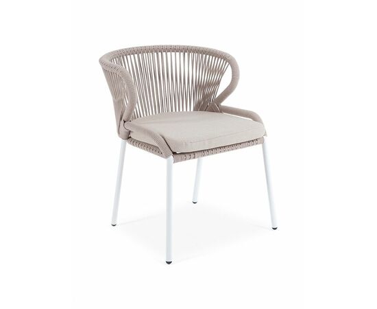 "Милан" стул плетеный из роупа, каркас алюминий белый муар, роуп бежевый круглый, ткань бежевая 052, изображение 3 | Интернет магазин мебели и декора LifeDekor