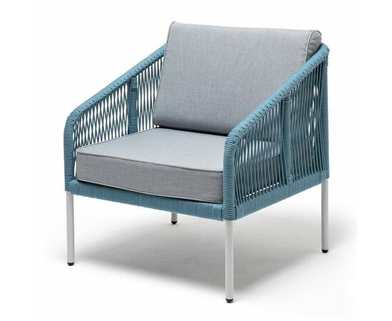 "Канны" кресло плетеное из роупа, каркас алюминий светло-серый (RAL7035) муар, роуп бирюзовый круглый, ткань светло-серая | Интернет магазин мебели и декора LifeDekor