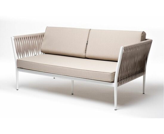 "Касабланка" диван 2-местный плетеный из роупа, каркас алюминий белый муар, роуп бежевый 20мм, ткань бежевая 15052, изображение 2 | Интернет магазин мебели и декора LifeDekor