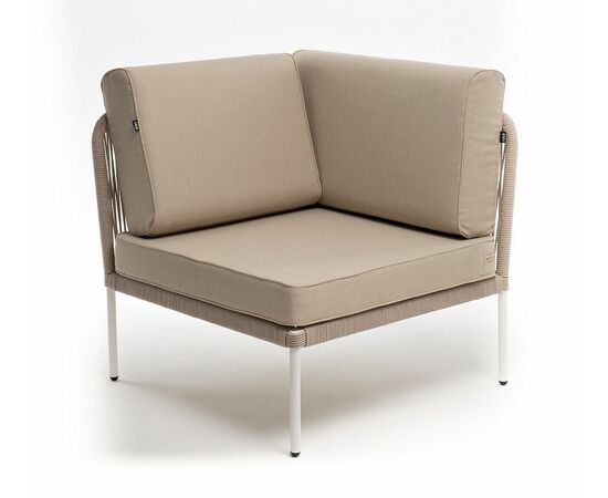 "Канны" угловой модуль плетеный из роупа, каркас алюминий белый муар, роуп бежевый круглый, ткань бежевая 15052 | Интернет магазин мебели и декора LifeDekor