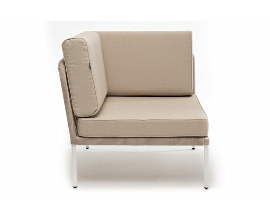 "Канны" угловой модуль плетеный из роупа, каркас алюминий белый муар, роуп бежевый круглый, ткань бежевая 15052, изображение 2 | Интернет магазин мебели и декора LifeDekor