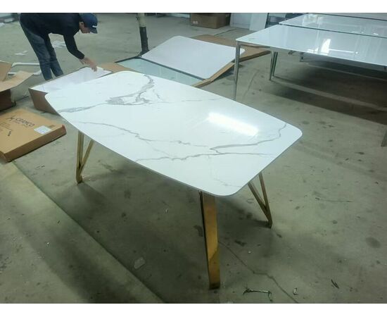 Стол обеденный Соар-2 F-1690,160х90х76 см, серо-золотая керамика/золото, изображение 3 | Интернет магазин мебели и декора LifeDekor