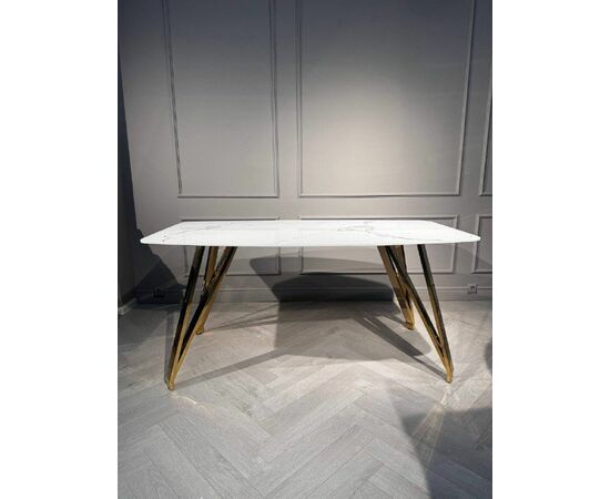 Стол обеденный Соар-2 F-1690,160х90х76 см, бело-серая керамика/золото, изображение 3 | Интернет магазин мебели и декора LifeDekor