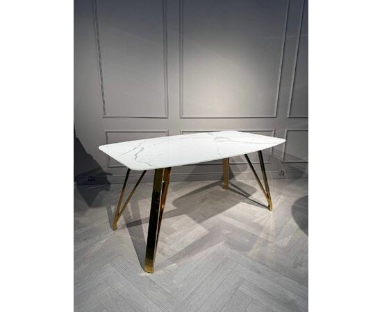 Стол обеденный Соар-2 F-1690,160х90х76 см, бело-серая керамика/золото, изображение 2 | Интернет магазин мебели и декора LifeDekor