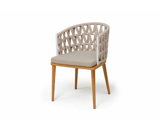 "Диего" стул плетеный из роупа, основание дуб каркас из стали белый муар, роуп бежевый круглый, ткань бежевая 052 | Интернет магазин мебели и декора LifeDekor