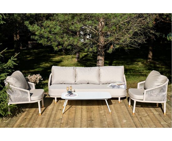 "Верона" лаунж-зона 5-местная плетеная из роупа (веревки), каркас алюминиевый белый, роуп бежевый | Интернет магазин мебели и декора LifeDekor