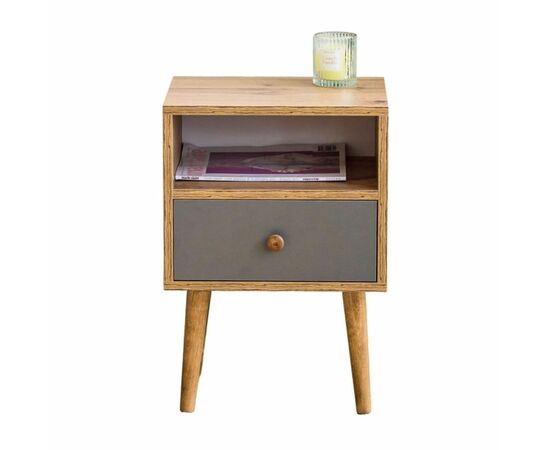Тумба прикроватная Komo-1 (380х306х520 мм, ЛДСП Дуб Вотан/Серый 16 мм, ножки береза), изображение 2 | Интернет магазин мебели и декора LifeDekor