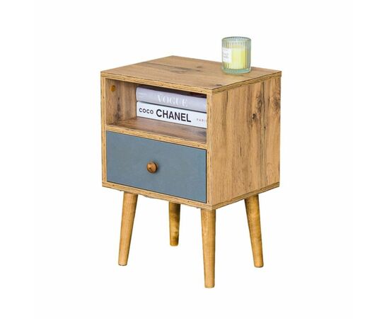 Тумба прикроватная Komo-1 (380х306х520 мм, ЛДСП Дуб Вотан/Серый 16 мм, ножки береза), изображение 3 | Интернет магазин мебели и декора LifeDekor