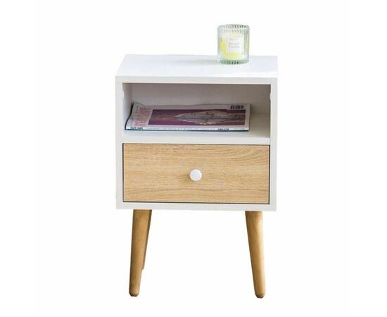 Тумба прикроватная Komo-1 (380х306х520 мм, ЛДСП Белый/Сонома 16 мм, ножки береза) | Интернет магазин мебели и декора LifeDekor