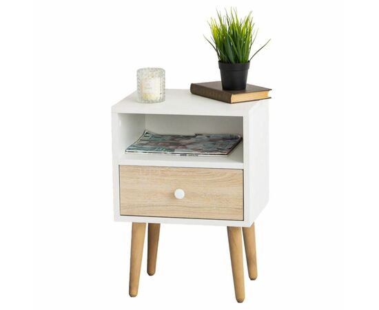 Тумба прикроватная Komo-1 (380х306х520 мм, ЛДСП Белый/Сонома 16 мм, ножки береза), изображение 2 | Интернет магазин мебели и декора LifeDekor