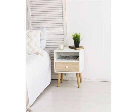 Тумба прикроватная Komo-1 (380х306х520 мм, ЛДСП Белый/Сонома 16 мм, ножки береза), изображение 3 | Интернет магазин мебели и декора LifeDekor