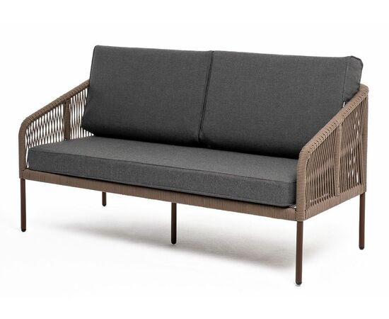 "Канны" диван 2-местный плетеный из роупа, каркас алюминий темно-серый (RAL7024) муар, роуп коричневый круглый, ткань серая 017 | Интернет магазин мебели и декора LifeDekor