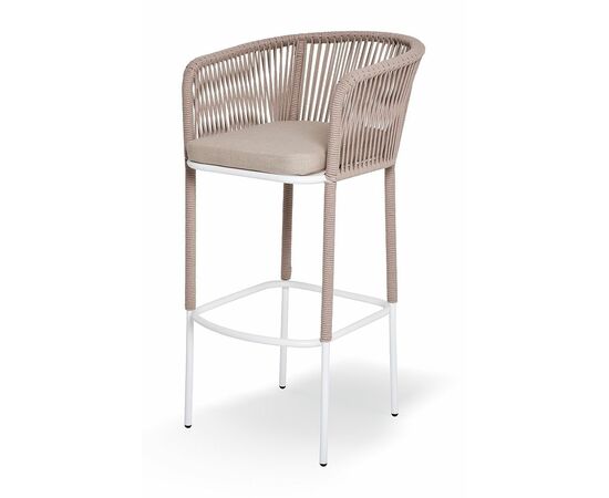 "Марсель" стул барный плетеный из роупа, каркас из стали белый муар, роуп бежевый круглый, ткань бежевая 15052 | Интернет магазин мебели и декора LifeDekor
