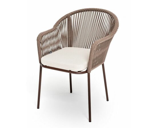 "Лион" стул плетеный из роупа, каркас из стали коричневый (RAL8016) муар, роуп коричневый круглый, ткань бежевая 15052 | Интернет магазин мебели и декора LifeDekor