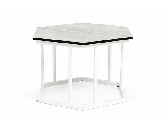 "Женева" интерьерный стол из HPL шестиугольный, D50, H35, цвет "мрамор пепел", каркас из стали белый муар | Интернет магазин мебели и декора LifeDekor