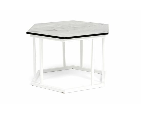 "Женева" интерьерный стол из HPL шестиугольный, D50, H35, цвет "мрамор пепел", каркас из стали белый муар, изображение 2 | Интернет магазин мебели и декора LifeDekor