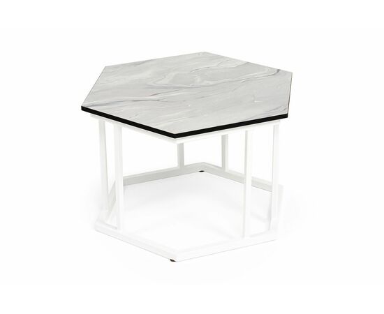 "Женева" интерьерный стол из HPL шестиугольный, D50, H35, цвет "мрамор пепел", каркас из стали белый муар, изображение 3 | Интернет магазин мебели и декора LifeDekor