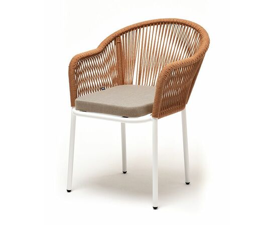 "Лион" стул плетеный из роупа, каркас алюминий светло-серый (RAL7035) муар, роуп оранжевый меланж круглый, ткань бежевая 15052 | Интернет магазин мебели и декора LifeDekor