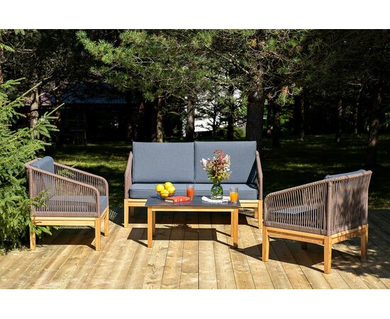 "Канны" лаунж-зона 4-местная из роупа со столом "Гранада" (серый гранит), основание дуб, роуп коричневый, ткань темно-серая | Интернет магазин мебели и декора LifeDekor