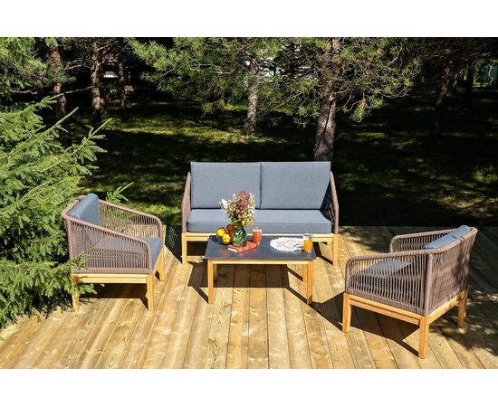 "Канны" лаунж-зона 4-местная из роупа со столом "Гранада" (серый гранит), основание дуб, роуп коричневый, ткань темно-серая, изображение 2 | Интернет магазин мебели и декора LifeDekor